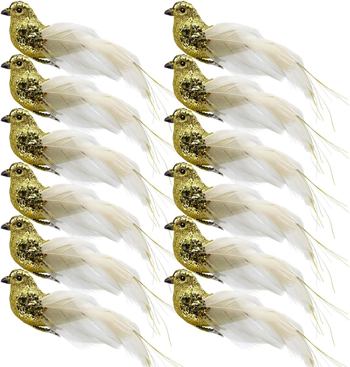 Ornaments - LWINGFLYER 12pcs Gold Glitter Artificial Birds Sequin Clip on Bird Ornaments for Christmas Tree Decorations Wedding Wreath Crafts
