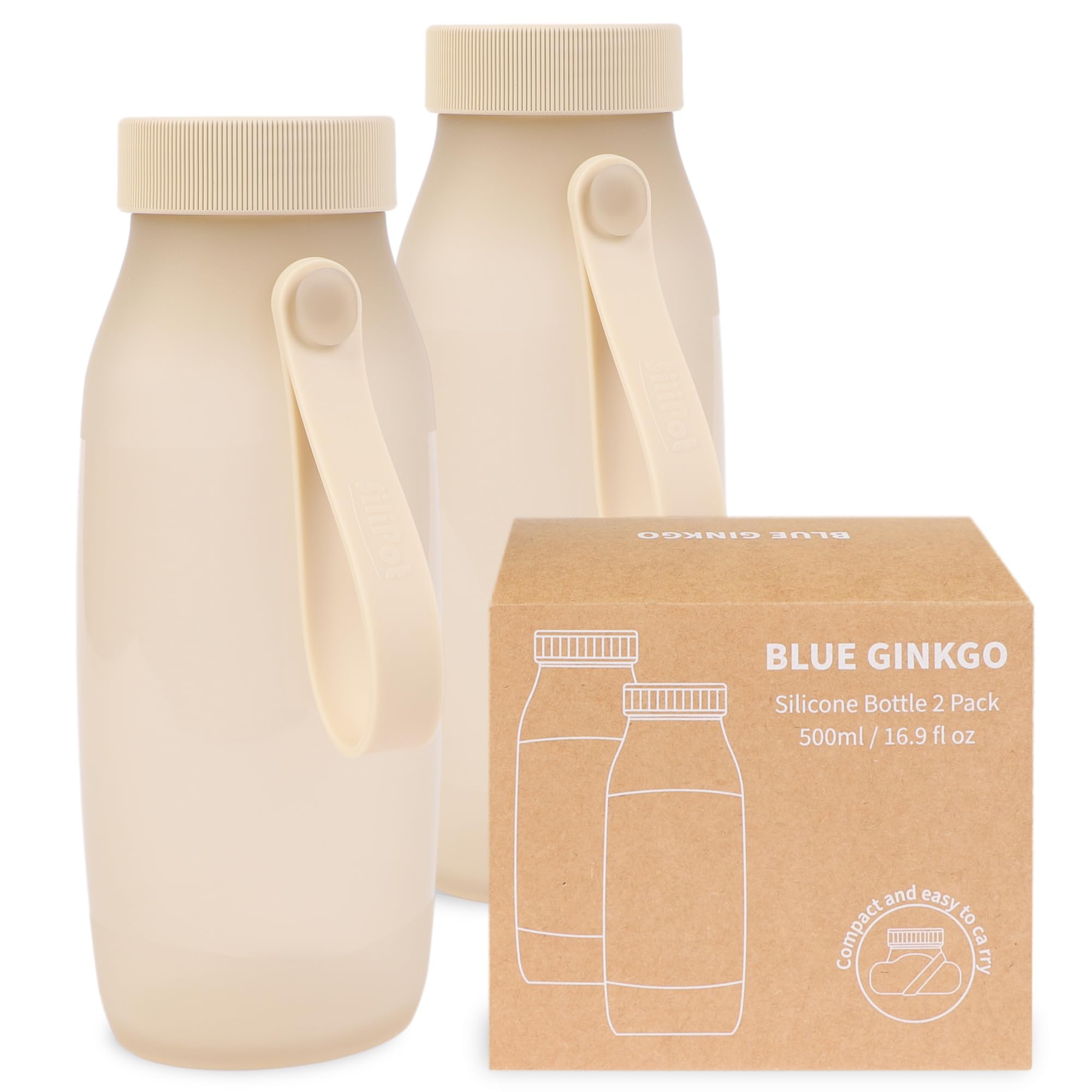 BLUE GINKGO Collapsible Water Bottle [2-Pack] – Lightweight, Foldable Silicone Bottles for Travel, Hiking, and Camping (500ml, Made in Korea, Beige)