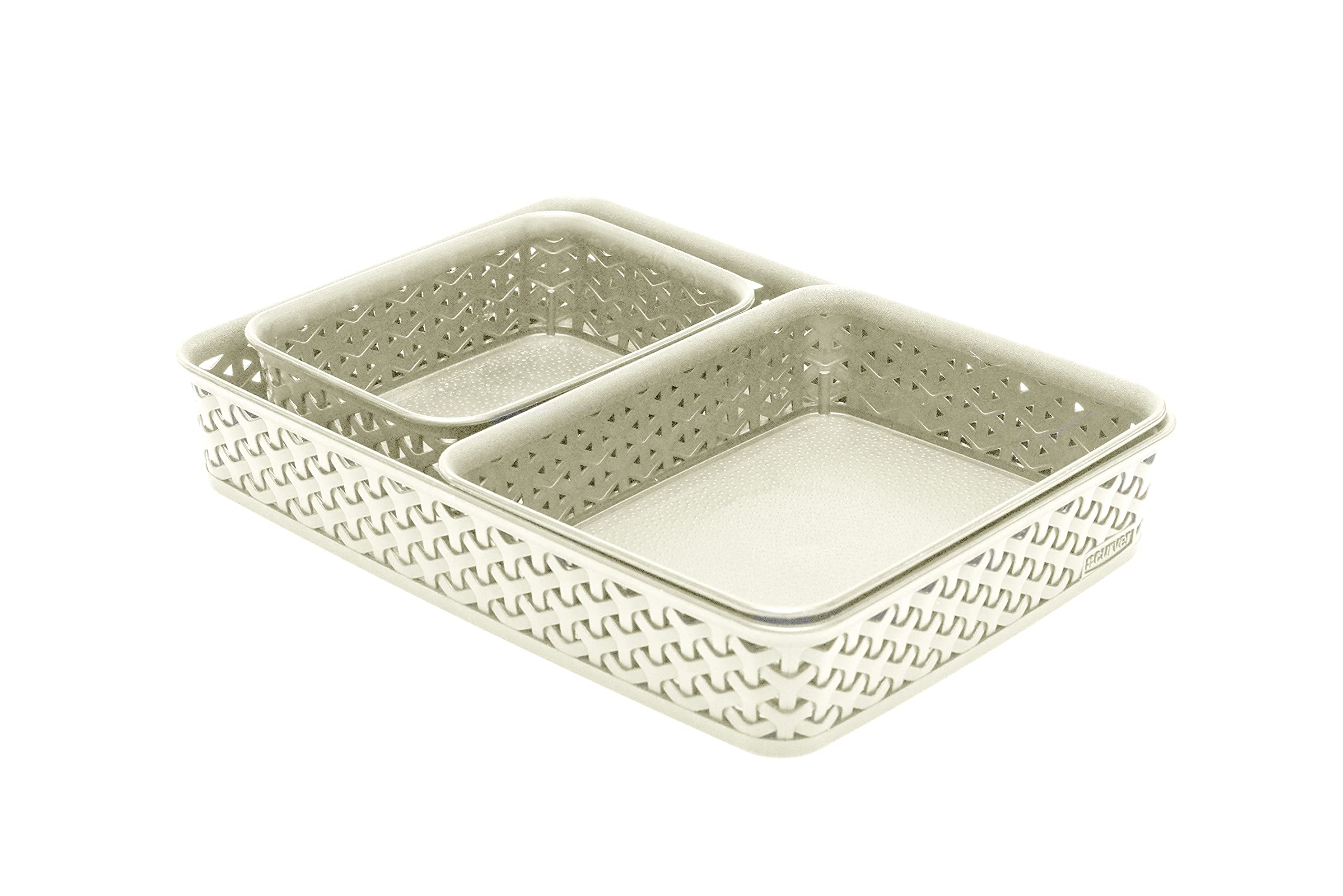 Curver My Style Rattan Effect Set of 3 Office Rectangular A4 A5 A6 Desk Storage Basket Tray Set - Off White