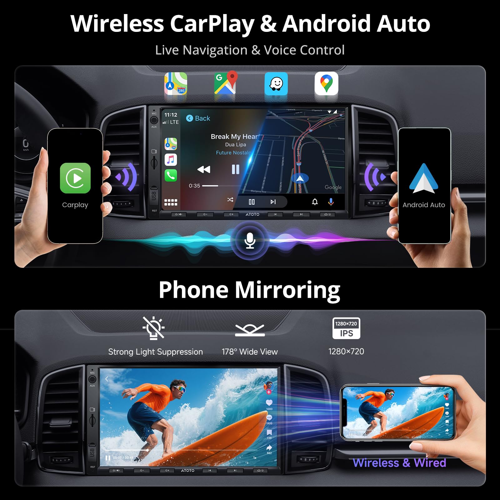 ATOTO A5L 7inch Android Double DIN Car Stereo, Wireless CarPlay & Android Auto, Wi-Fi/Bluetooth/USB Tethering, 2G+32G Touchscreen Car Radio, Backup Camera, MirrorLink, DSP/FM/AM/SWC, AI&GPS Tracking