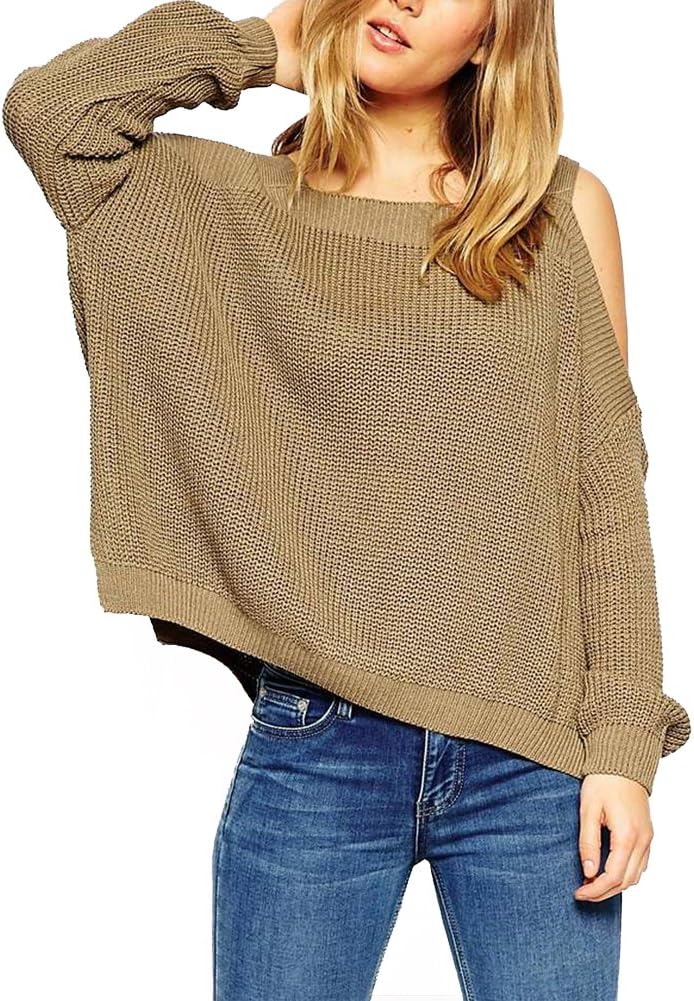 Southstore Women's Off the Shoulder Strappy Pullover Loose Knitted Sweaters (Khaki)