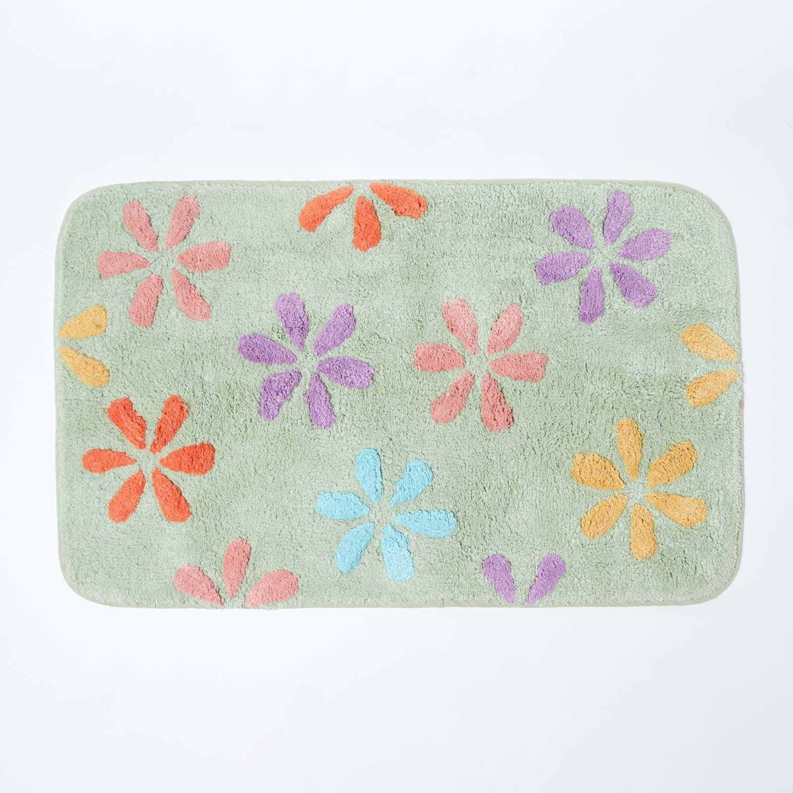 HOMESCAPES Super Absorbent Soft Pastel Green, Pink, Purple, Yellow, Orange and Blue 100% Cotton Bathmat with Flower Pattern and Non Slip Latex Backing, 50x80cm Large Shower Mat Machine Washable