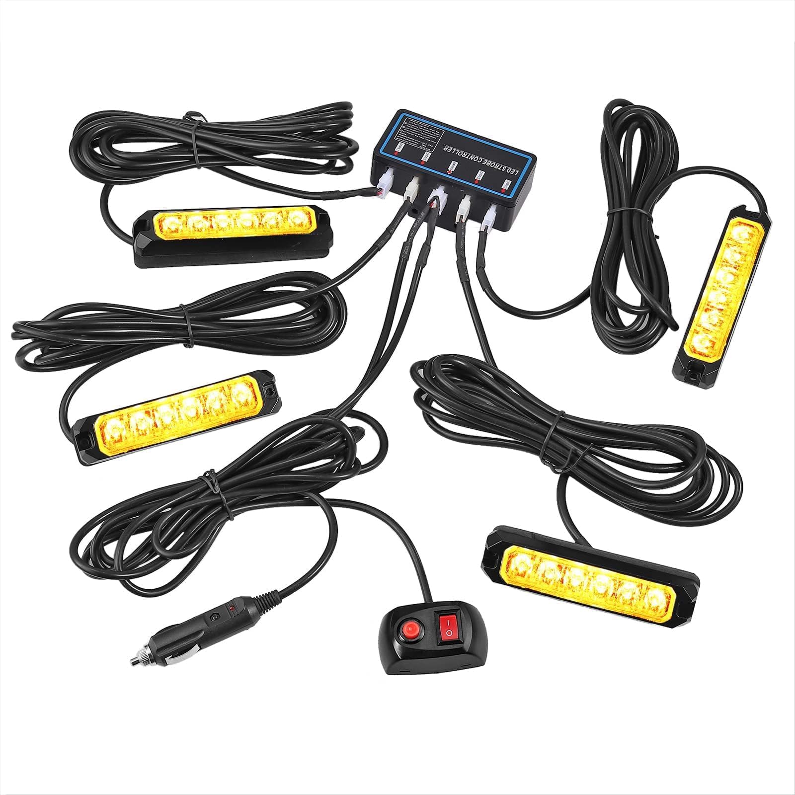 COLFULINE 4PC 6 LED Strobe Lights Amber Hazard Warning Beacon Lights IP68 Waterproof Emergency Flashing Light with Main Control Box for 12V/24V Universal Trucks,Lorrys,Tractors,Forklift