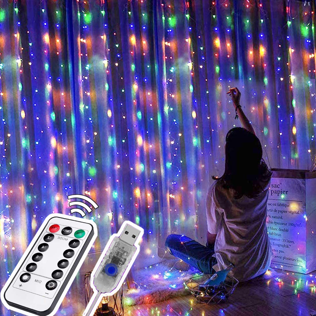 3M X 3M Curtain Lights, 300LEDs Waterproof Window Lights with Hooks, 8 Modes USB Decorative Fairy String Lights with Timer Remote Control for Christmas Party Wedding Bedroom Decoration (Multi-Color)