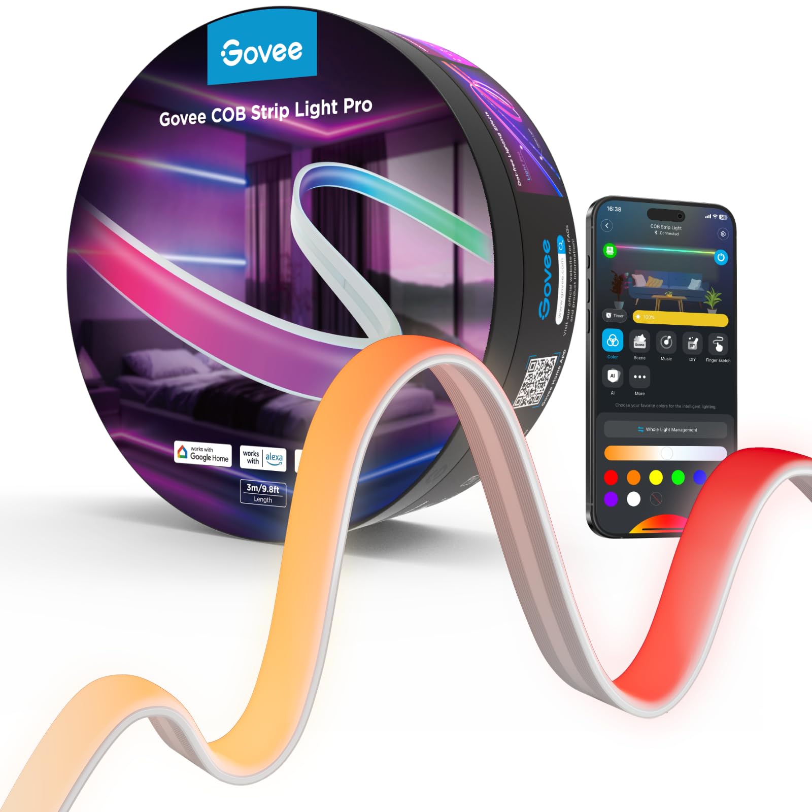 Govee COB LED Strip Light Pro: Smart RGBICW Color Changing Lights for Bedroom, 9.8ft, Works with Alexa, Google & Matter