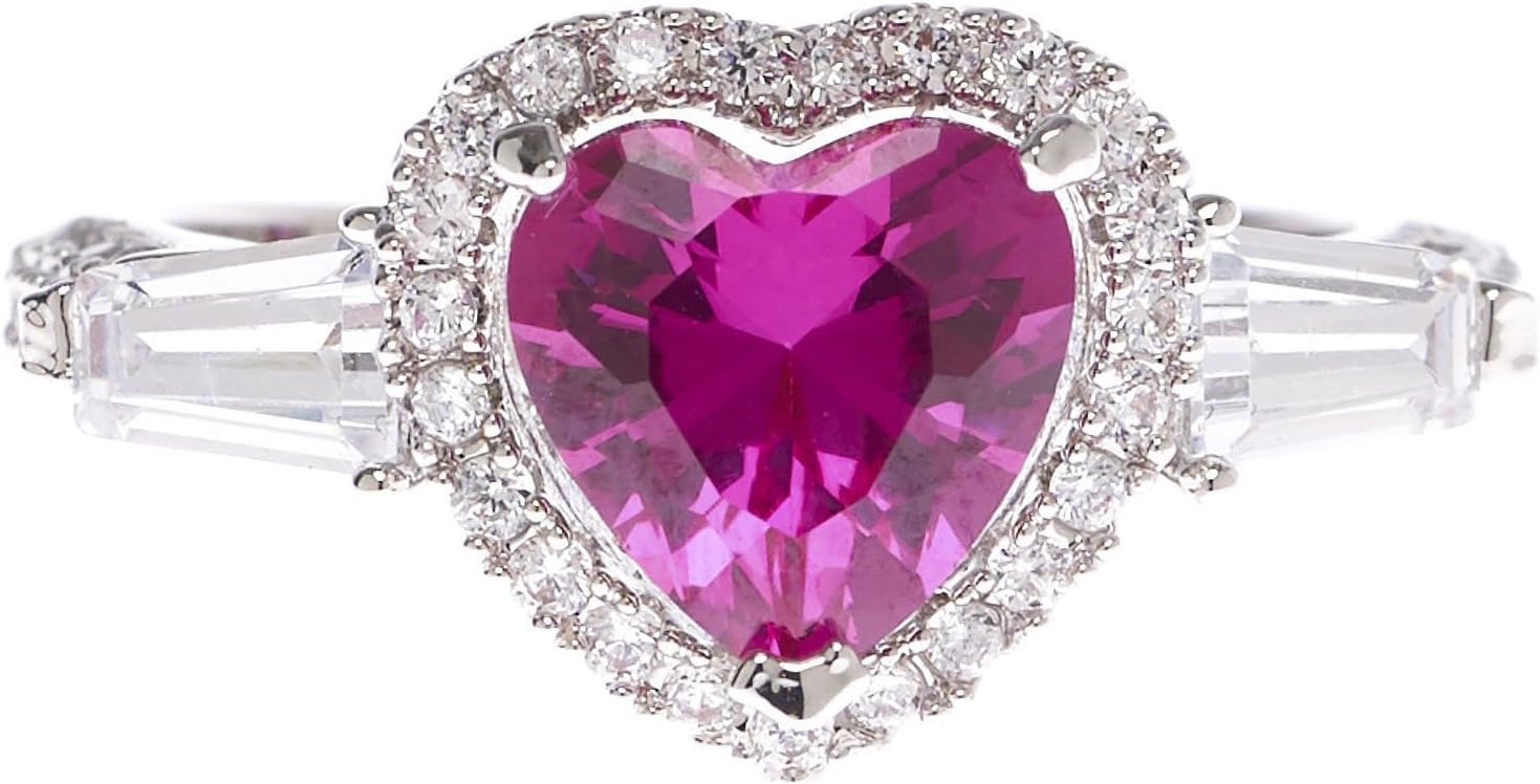 VIAMAR Jewelry Ruby Heart Clear Cubic Zirconia Ring - A Pair of Baguette Stones - Brass Finished with Genuine Rhodium