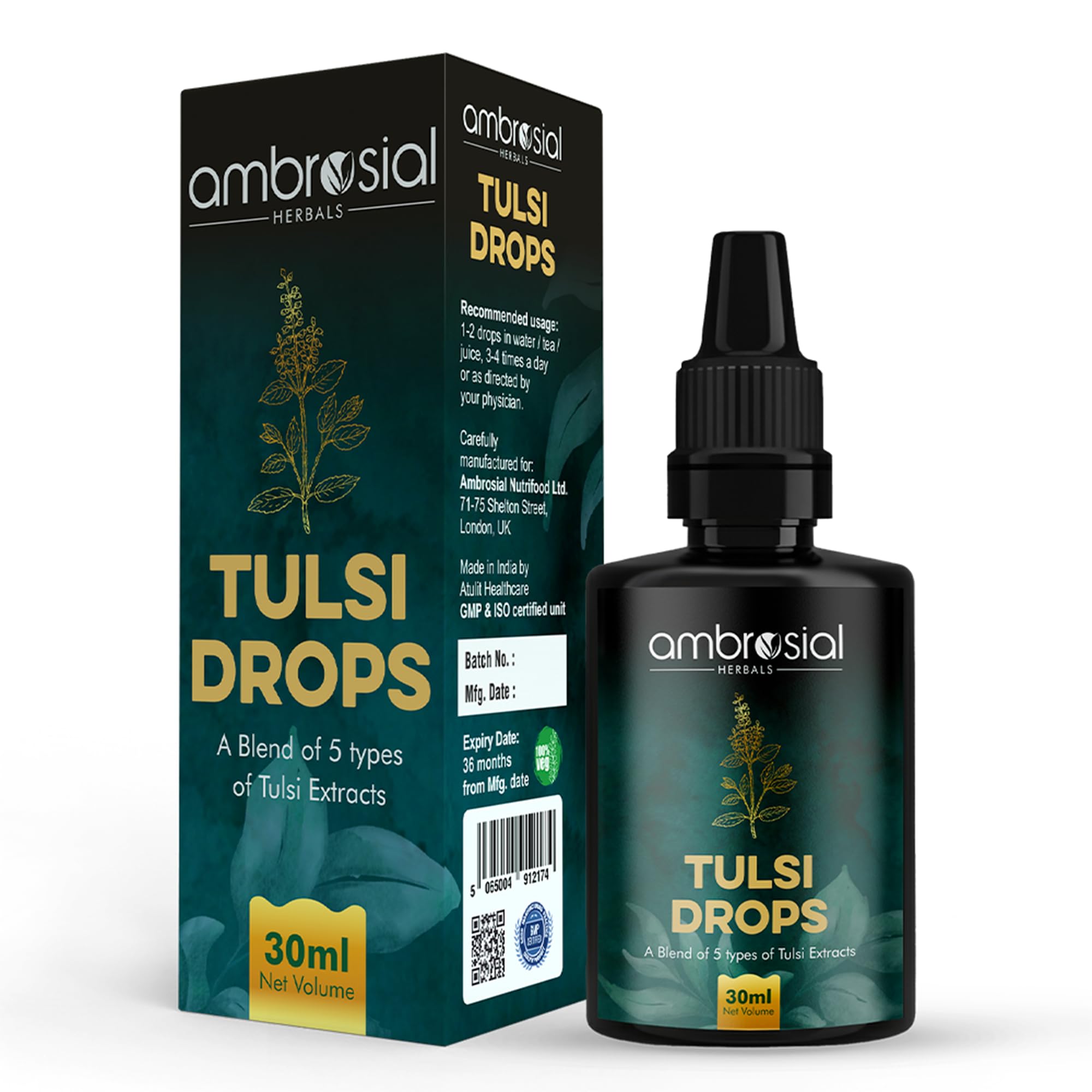 Ambrosial Tulsi Drops Concentrated Extract Of 5 Tulsi 30ml | Natural Immunity Booster | Relieves Cough & Cold | Raw Extract of Holy Basil Leaf (30ml)