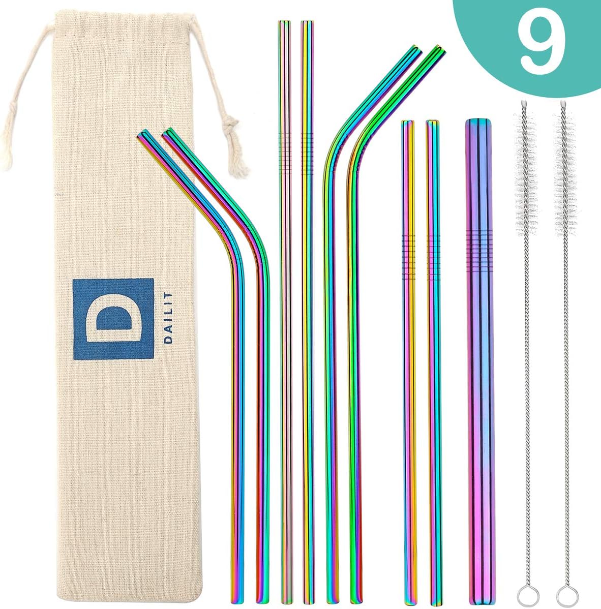 Rainbow Colorful Metal Straws, Set of 9 Reusable Stainless Steel Straws, 10.5" & 8.5" for 20-40 oz Tumbler, FDA Approved Drinking Straws with a Pouch and 2 Cleaning Brushes, Great for Smoothie