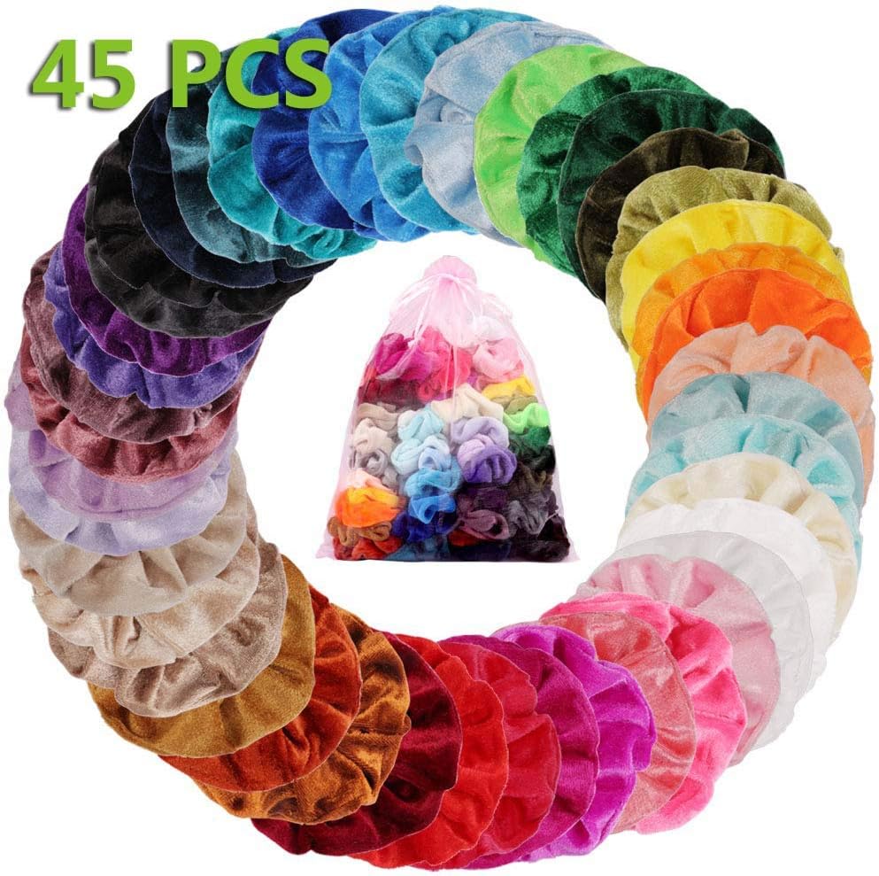 45 PCS Hair Scrunchies Velvet Elastic, Colorful Strong Hold Bobble Hair Bands Ties Ropes Scrunchie Ponytail Holder Headbands For Women Girls Lady Children Hair Accessories
