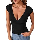 KIFOVEN Women’s Summer T Shirt Sexy Deep V Neck Cap Sleeve Slim Fit Tee Top Blouse