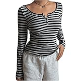 GORGLITTER Women's Striped Henley Shirts Scoop Neck Button Front Long Sleeve Tee Fitted Tops