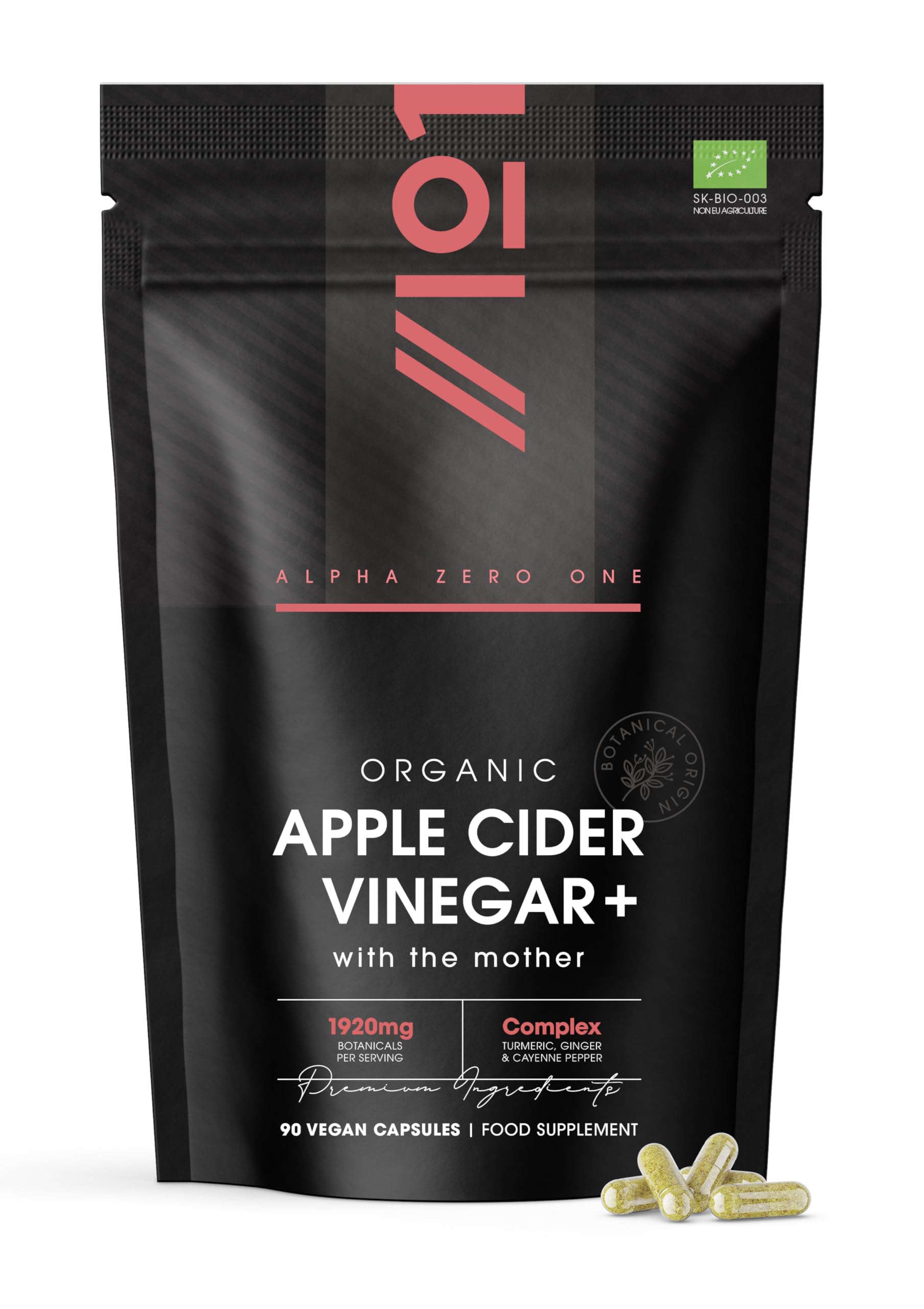 Organic Apple Cider Vinegar 1920mg - 90 Capsules - with Turmeric, Ginger & Cayenne Pepper - Raw Unfiltered with The Mother (60 Day Supply) by Alpha01