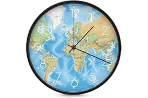 FekiLoot World Map Wall Clock 10 Inch Silent Non Ticking Battery Operated Round Wall Clock Modern Decorative Clocks for Kitch