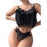 OYOANGLE Women's 2 Piece Lingerie Babydoll Floral Appliques Sheer Mesh Bra and Low Rise Thong Set