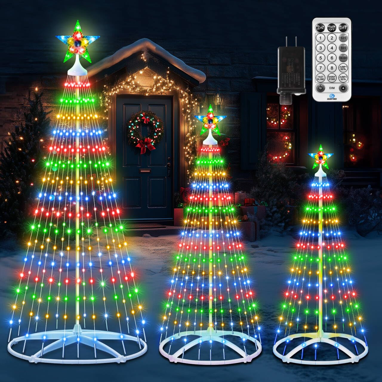 View 1 of ***similar item*** 3 Pack Christmas Cone Tree Lights, 4' 5' 6' Christmas Tree Light Show Dimmable with 12 Modes Remote Control, Artificial Xmas Tree Light with Topper Star for Indoor Outdoor Yard Decorations, Multicolor