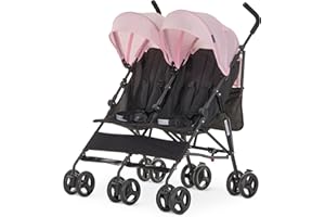 Dream On Me Twin Venture Umbrella Stroller in Pink, Multi Backrest Positions, Adjustable & Removable Canopy Double Stroller, 360°Swivel Wheels with Locks