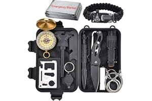 XUANLAN Emergency Survival Kit 13 in 1, Outdoor Survival Gear Tool with Survival Bracelet, Fire Starter, Whistle, Wood Cutter, Water Bottle Clip, Pen (Survival Kit 2)