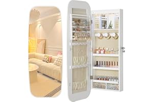 Nicetree LED Mirror Jewelry Cabinet, Rounded Jewelry Armoire Organizer, Wall or Door Mounted Jewelry Organizer with Interior Mirror, Lockable Wide Mirror with Jewelry Storage, 2 Drawers, Pure White