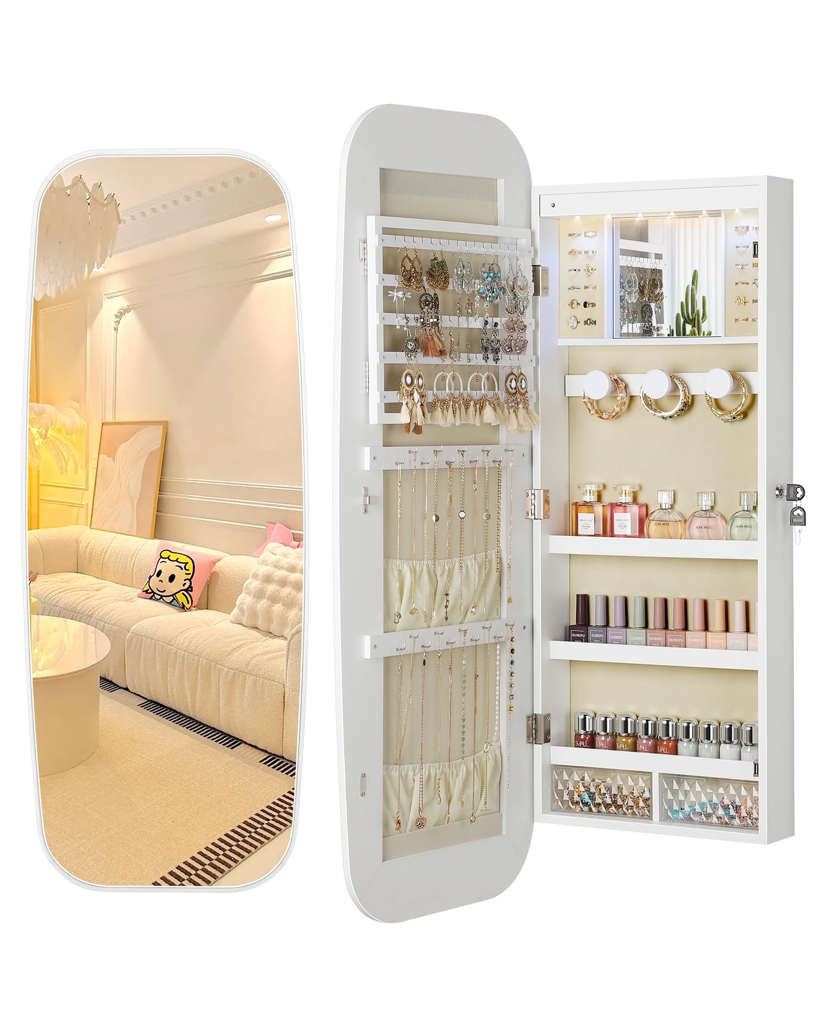 Nicetree Nicetree LED Mirror Jewelry Cabinet, Rounded Jewelry Armoire Organizer, Wall or Door Mounted Jewelry Organizer with Interior Mirror, Lockable Wide Mirror with Jewelry Storage, 2 Drawers, Pure White