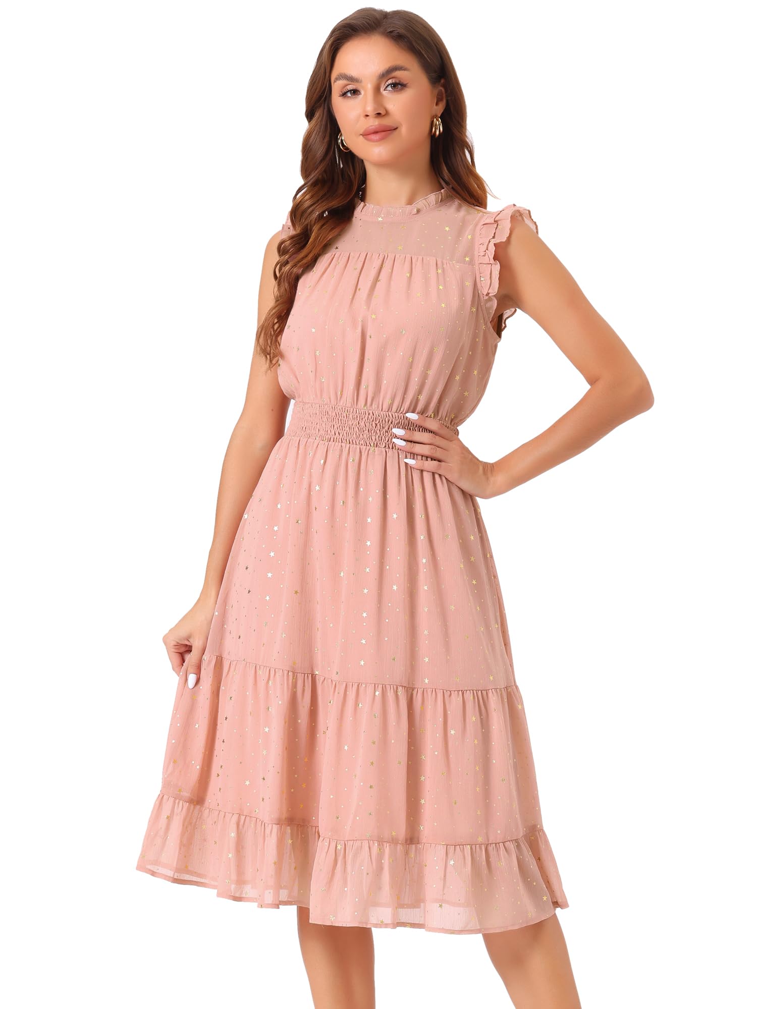 Photo 1 of Allegra K Casual Chiffon Midi Dress for Women Sleeveless Smocked Waist Gilding Metallic Stars Party Dresses X-Small Dusty Pink
