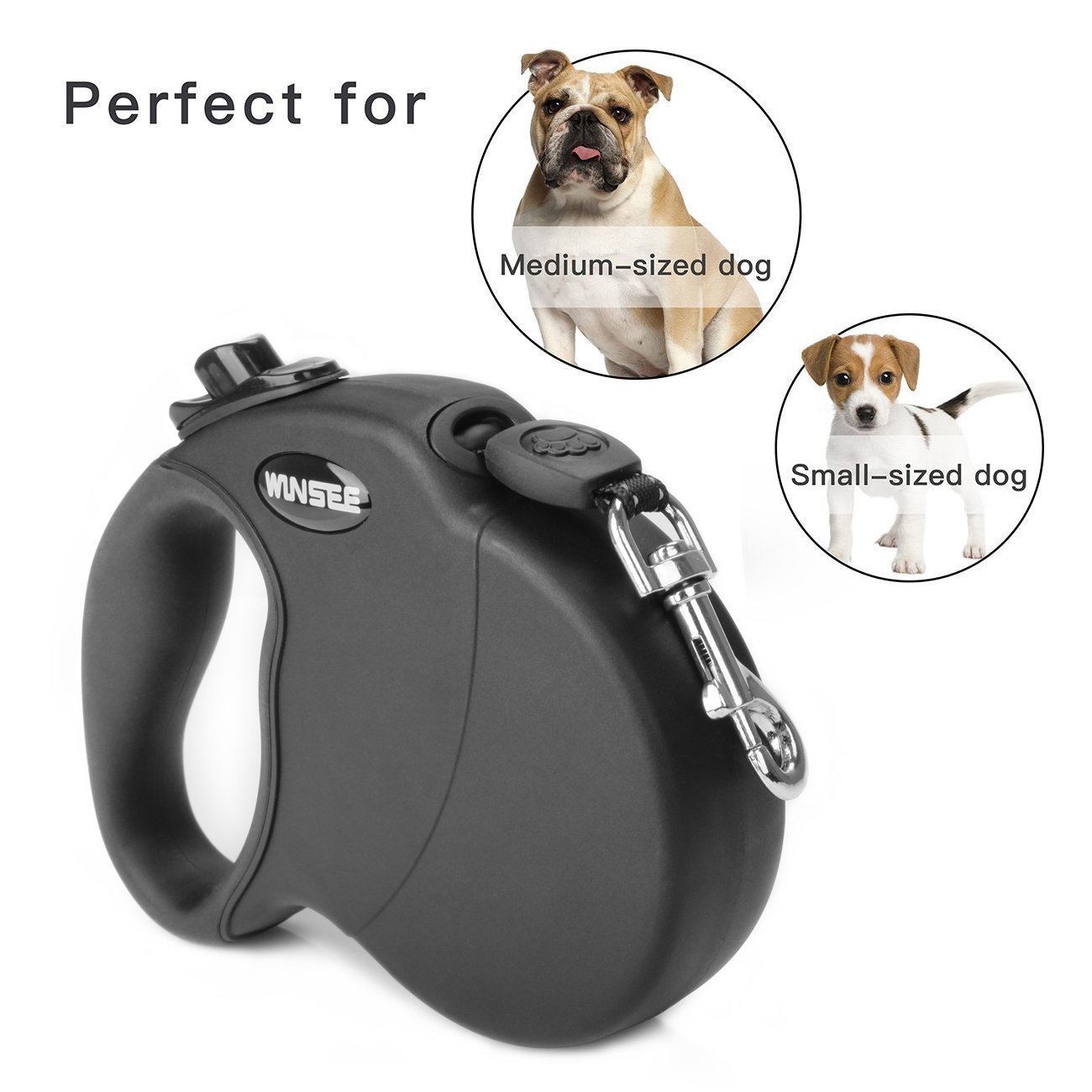 WINSEE Retractable Dog Leash 5M Extendable Leads for Small Medium Dogs One Button Lock with Reflective Belt Black