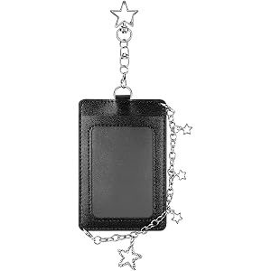Photocard Holder Keychain with Metal Chain Photo Card Protector Star Pendant Black Leather Photo Card Holder Hard Protective