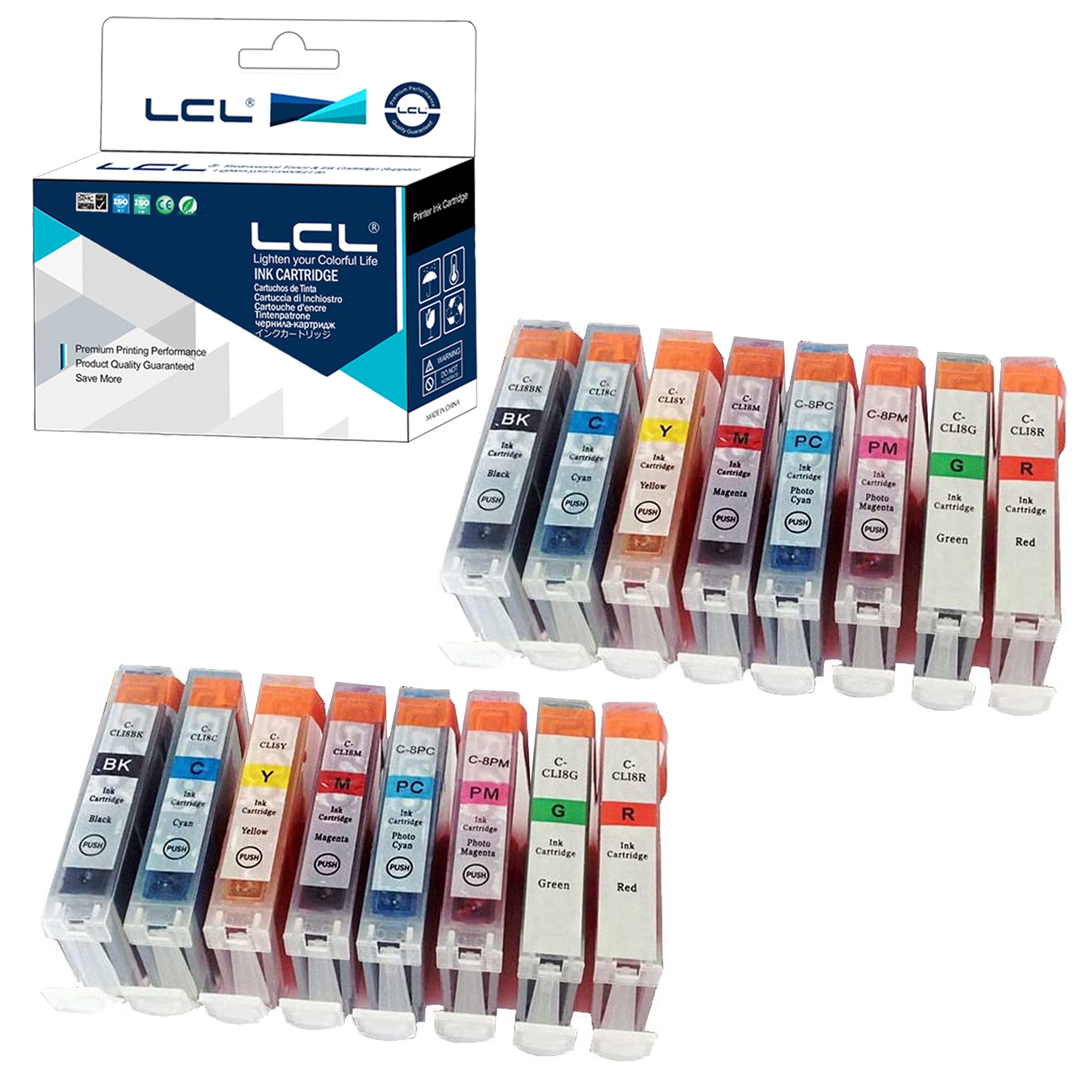 LCL CLI-8 CLI-8BK CLI-8C CLI-8M CLI-8Y CLI-8R CLI-8G CLI-8PC CLI-8PM (16PK 2B 2C 2M 2Y 2R 2G 2PC 2PM) Ink Cartridge Compatible for Canon Pro9000 Pro9000 MarkⅡ