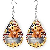 American Flag Highland Cow Earrings, Yellow Sunflower Cow Dangle Earrings, Patriotic Cow Earrings
