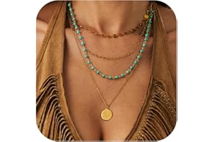 Inactwin Layered Gold Necklaces for Women Stack Boho Turquoise Western Coin Pendant Necklace Country Concert Beach Fashion Jewelry Gift