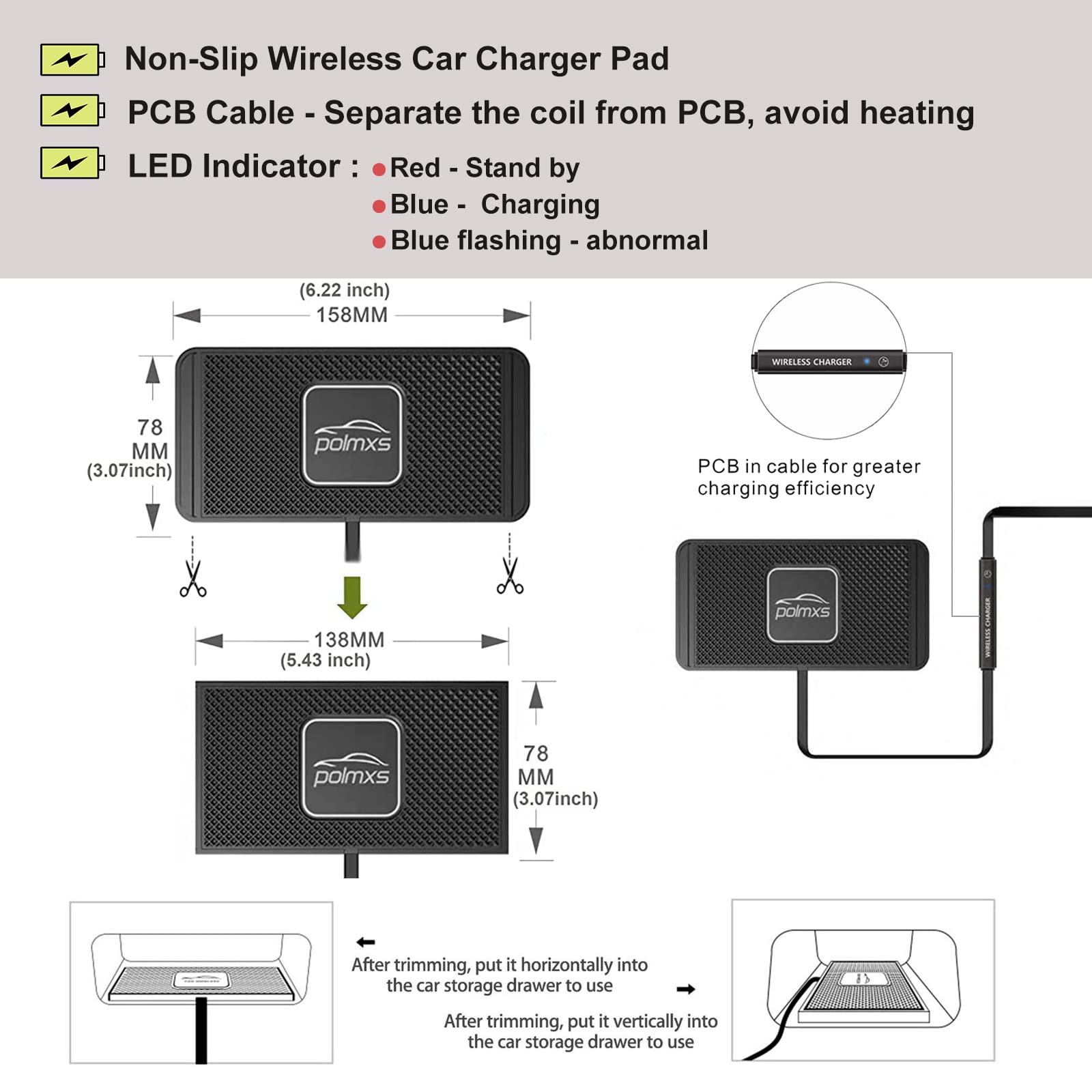 Wireless Charger Car Charging pad,POLMXS 15W Fast Wireless Phone Charger Non Slip Cell Phone Flat Charging mat Compatible with iPhone 11/12/12/14/15 Galaxy S21/S22/S23/24 NOTE10 (30cm Cable)(C2Y)