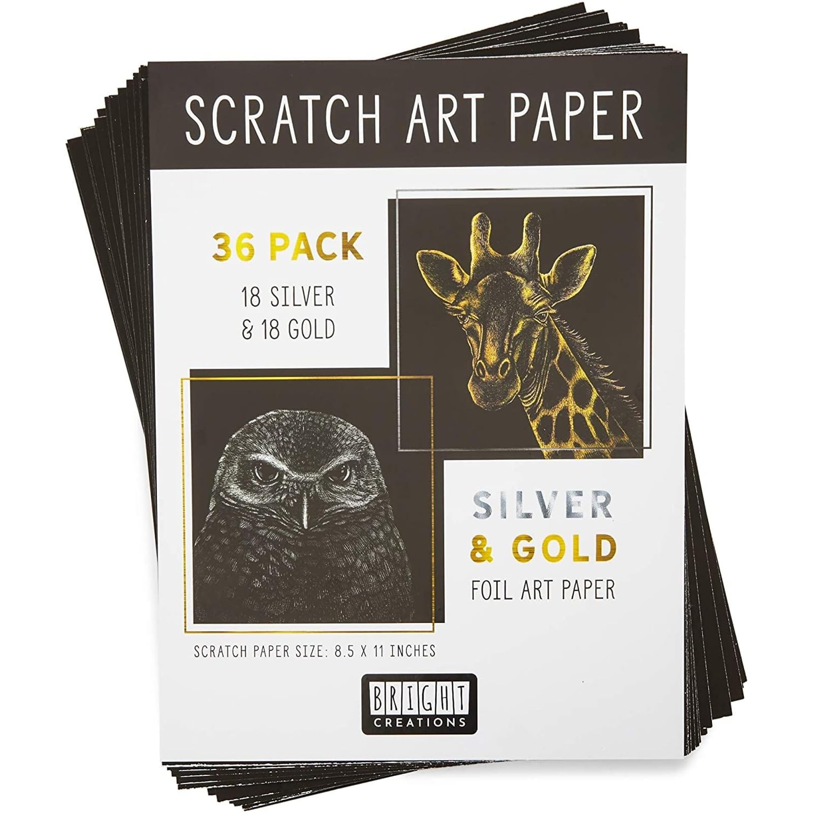Bright Creations Scratch Art Paper - 8.5 x 11 in, 38 Pieces, Gold & Silver Foil - Metallic Scratch Art Paper Featuring Wooden Styluses & Stencils for Kids & Adults