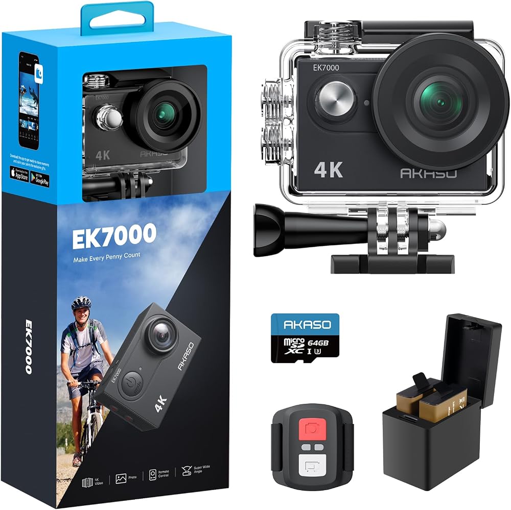 AKASO EK7000 4K 30FPS Action Camera 20MP 170deg Wide Angle Waterproof 64GB Card