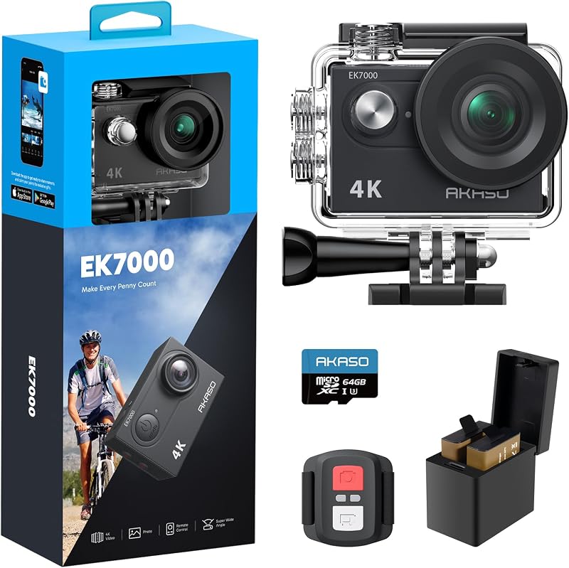 AKASO EK7000 4K 30FPS Action Camera 20MP 170deg Wide Angle Waterproof 64GB Card