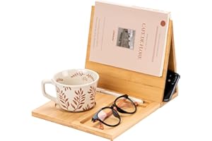WOIQEUWR Wooden Book Stand Holder for Page Rest, Book Nook Reading Valet with Cup Mug Pen Holder, Triangle Book Stand for Nightstand Desktop Bedside, Book Lover Birthday Gifts for Readers (Light Bamboo)