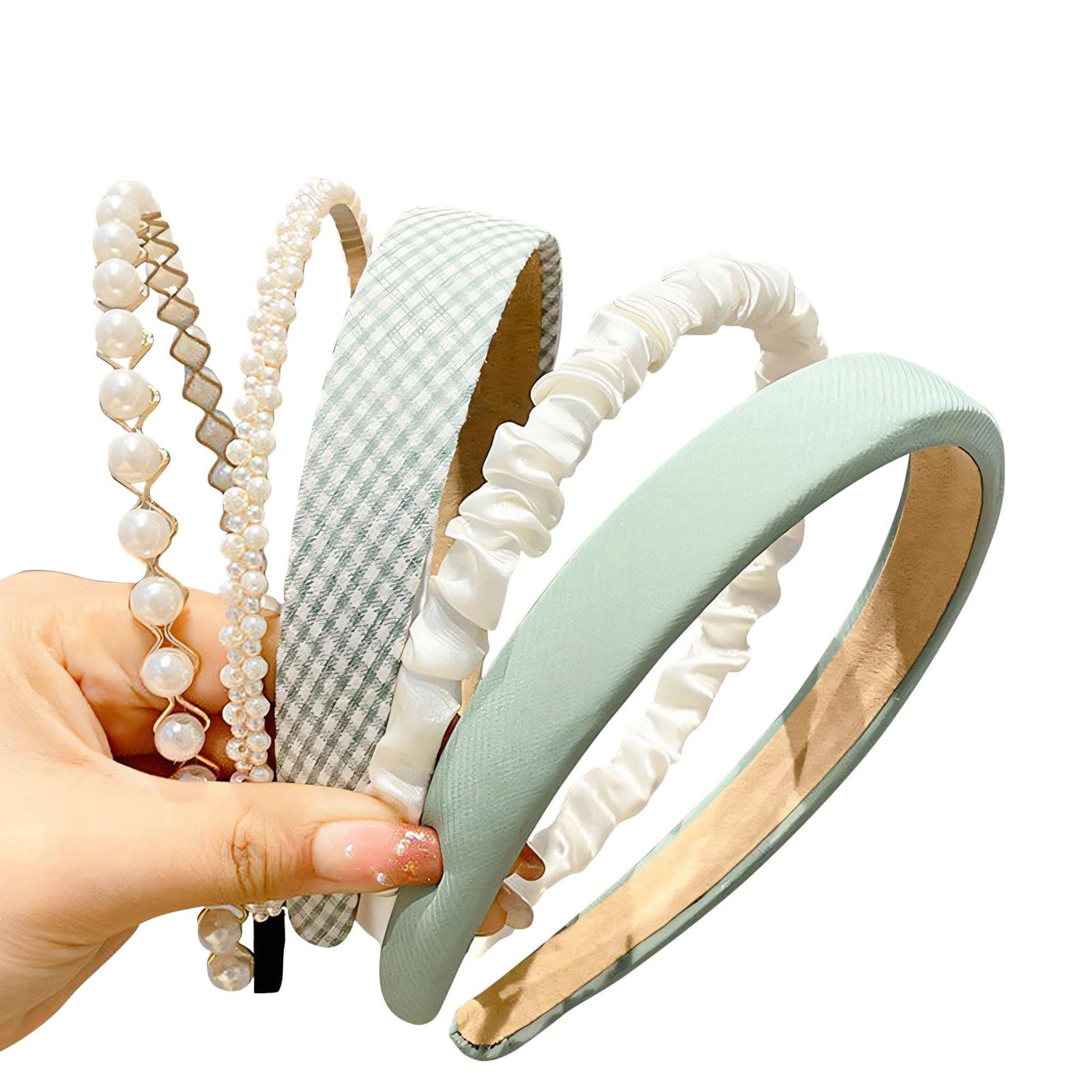 TRHDFW Fashion Headbands for Women Girls Headbands Set, 5pcs Pearl Headband Floral Headbands Padded Headbands for Women Vintage Wide Headband (Green)