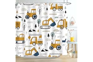 ZXMBF Construction Truck Shower Curtain Cartoon Excavator Vehicle Tractor Cars for Boys Kids Machinery Navy Blue Yellow Bathroom Decor Waterproof Fabric 72Lx72W Inch with Hooks
