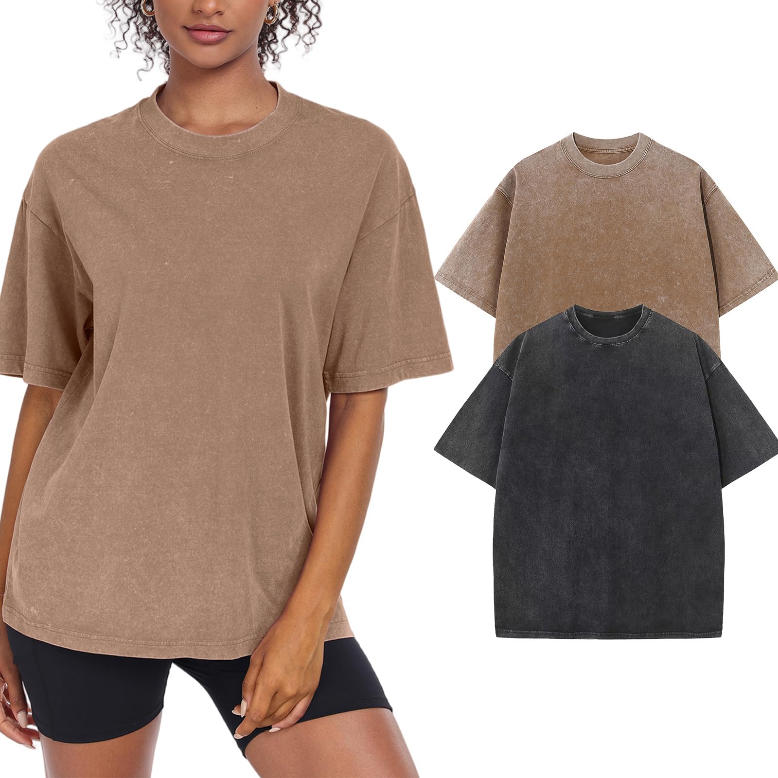 Womens Washed Vintage Oversized T-Shirt Baggy Workout Tops Short Sleeve Cotton Tshirts Streetwear Boyfriend Tee(W-BK-CF,m) Image