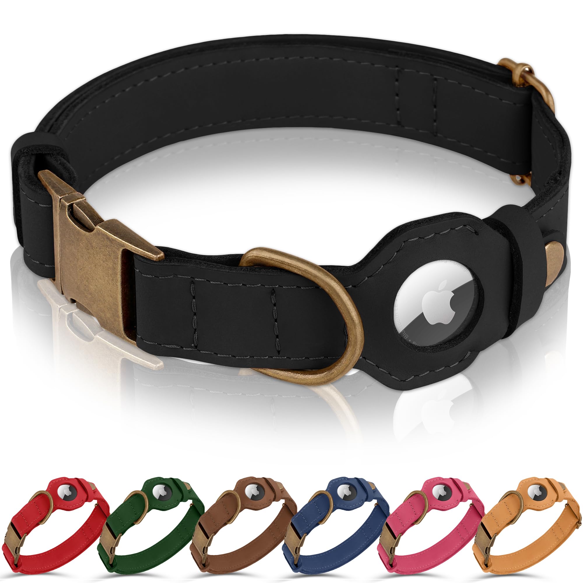Photo 1 of BUDKAS AirTag Dog Collar - Genuine Leather Dog Collar with Apple AirTag Holder and Metal Buckle - Smart GPS Tracking Pet Collars (Black, L, 17"-21" Neck Fit)