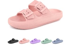 LANIVIC Kids Cloud Slides Girls Boys Double Buckle Slip On Sandals Youth Adjustable Flip Flops Summer Soft Pillow Slippers EVA Flat Beach Pool Shower Shoes