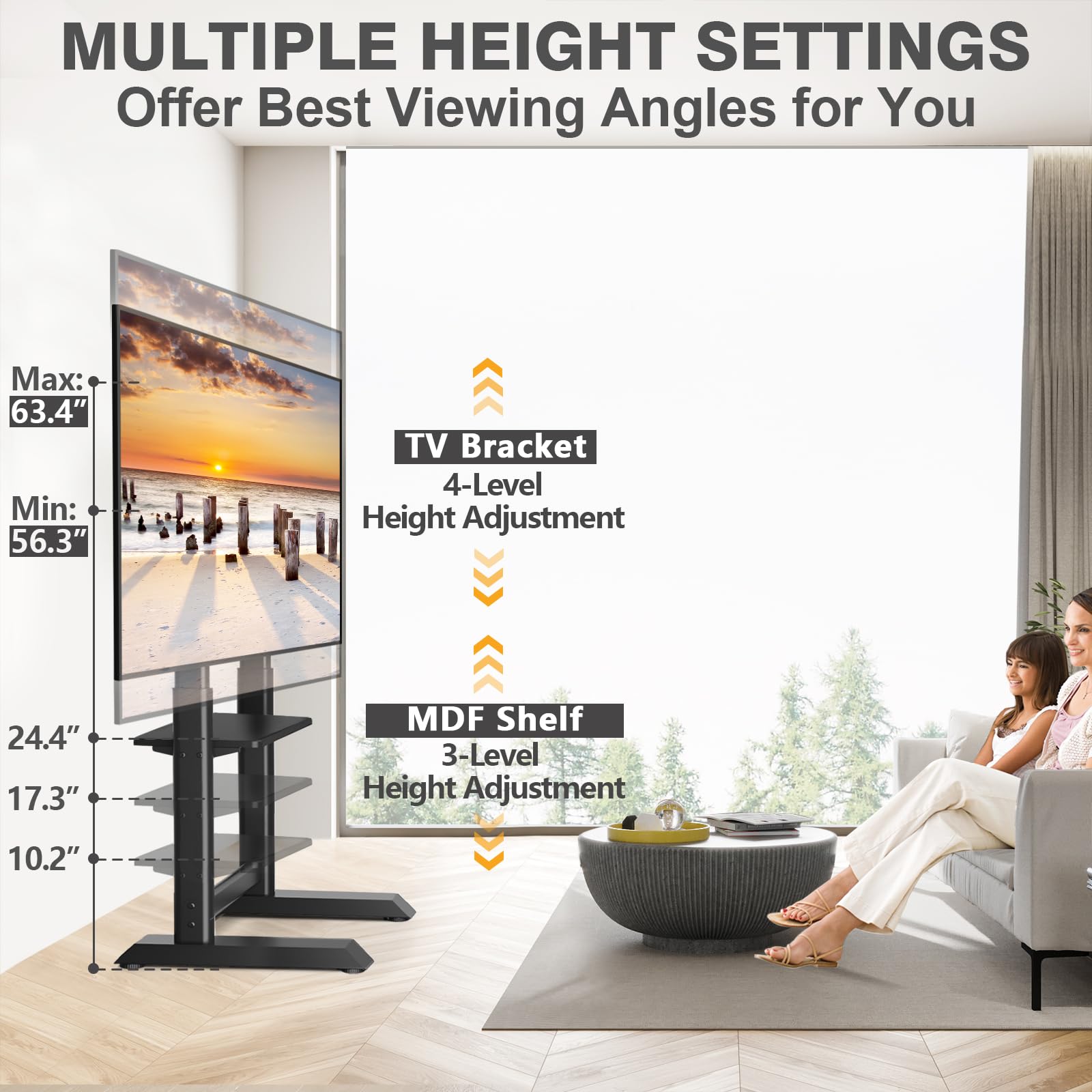 TVON Heavy Duty Floor TV Stand for 55-100 inch Large TVs up to 150 lbs, Universal Tall TV Stand with Mount, Height Adjustable TV Floor Stand with Large Storage Shelf for Living Room, Black