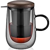 glastal Tea Infuser Mug 14.5oz Glass Tea Cup with Removable Stainless Steel Infuser and Lid, Double-walled Black Glass Tea Cup Teacup for Loose Leaf Tea, Birthday for Parents Dad Mum Friends Office