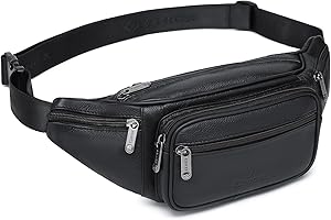 ZZNICK Genuine Leather Fanny Pack, Belt Bag, Multifunction Hip Bum Bag Organizer, Travel Wasit Bag with Multiple Pockets (Bla