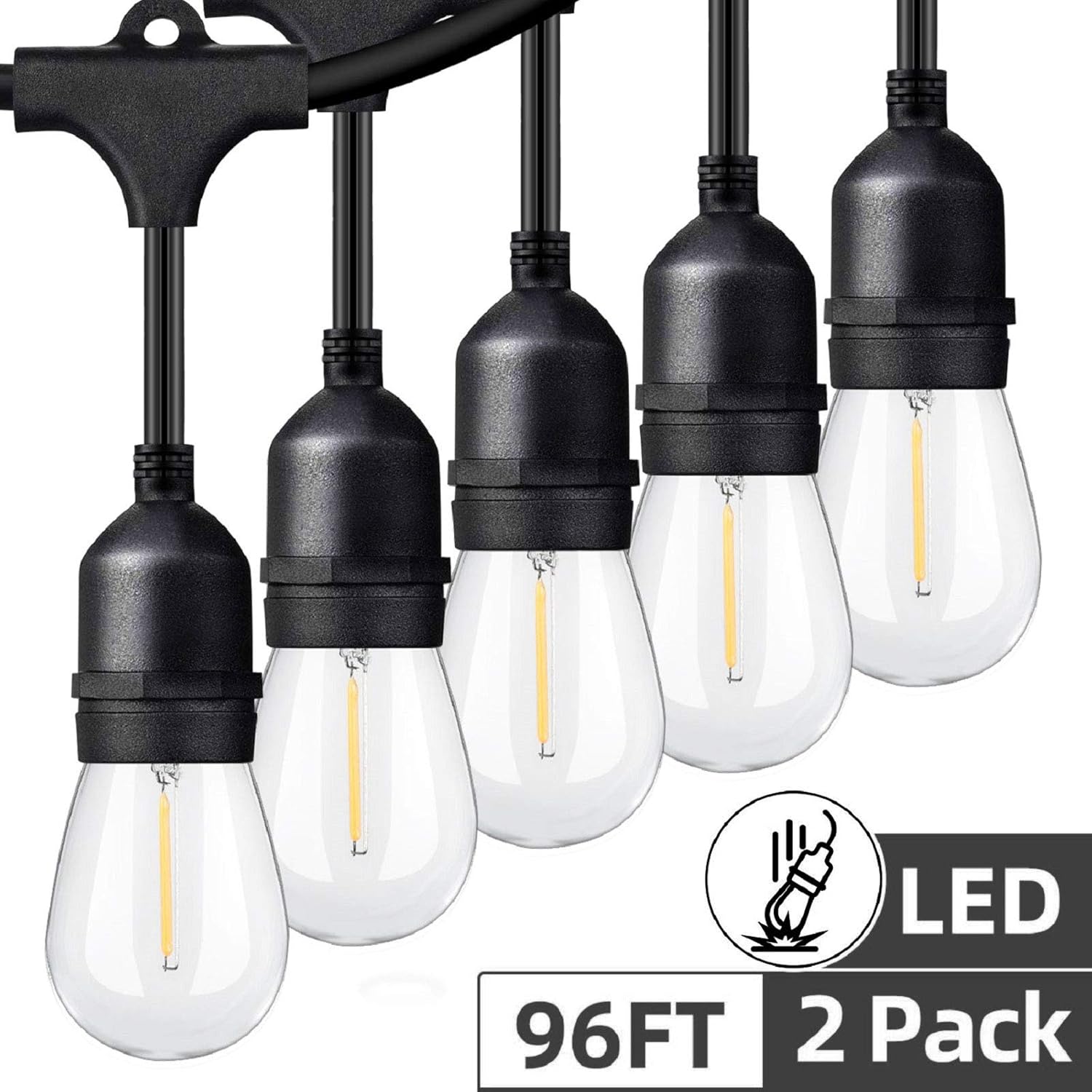 48ft 2 Packs LED Outdoor String Lights with Waterproof Shatterproof Dimmable 2700K Warm White Filament Bulbs, E26 15 Sockets Linkable Commercial Grade Hanging String Lights for Patio Deck Backyard: Home Improvement