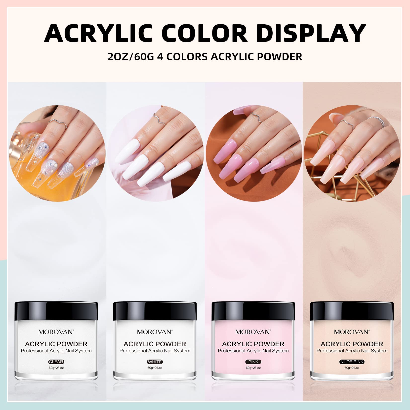 Morovan Acrylic Nail Powder Set: 4 Colors Clear Nude Pink White Acrylic Powder for Nail Extension Carving - Image 5