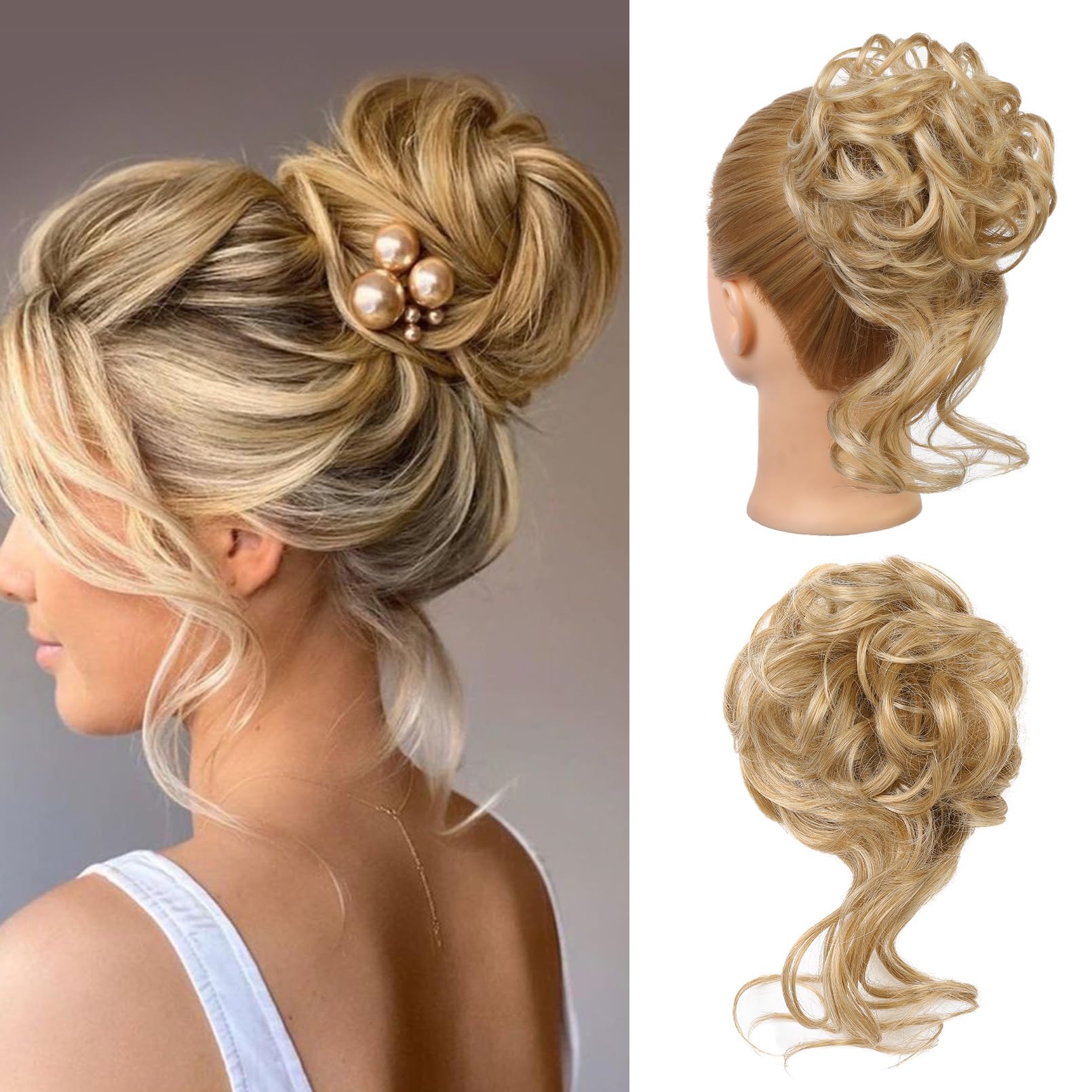 REECHO Messy Bun Hair Piece, Tousled Updo Elastic Hair Bun Hair Piece for Women Synthetic Messy Hair Bun Donut Accessories Scrunchies - Medium Golden Blonde