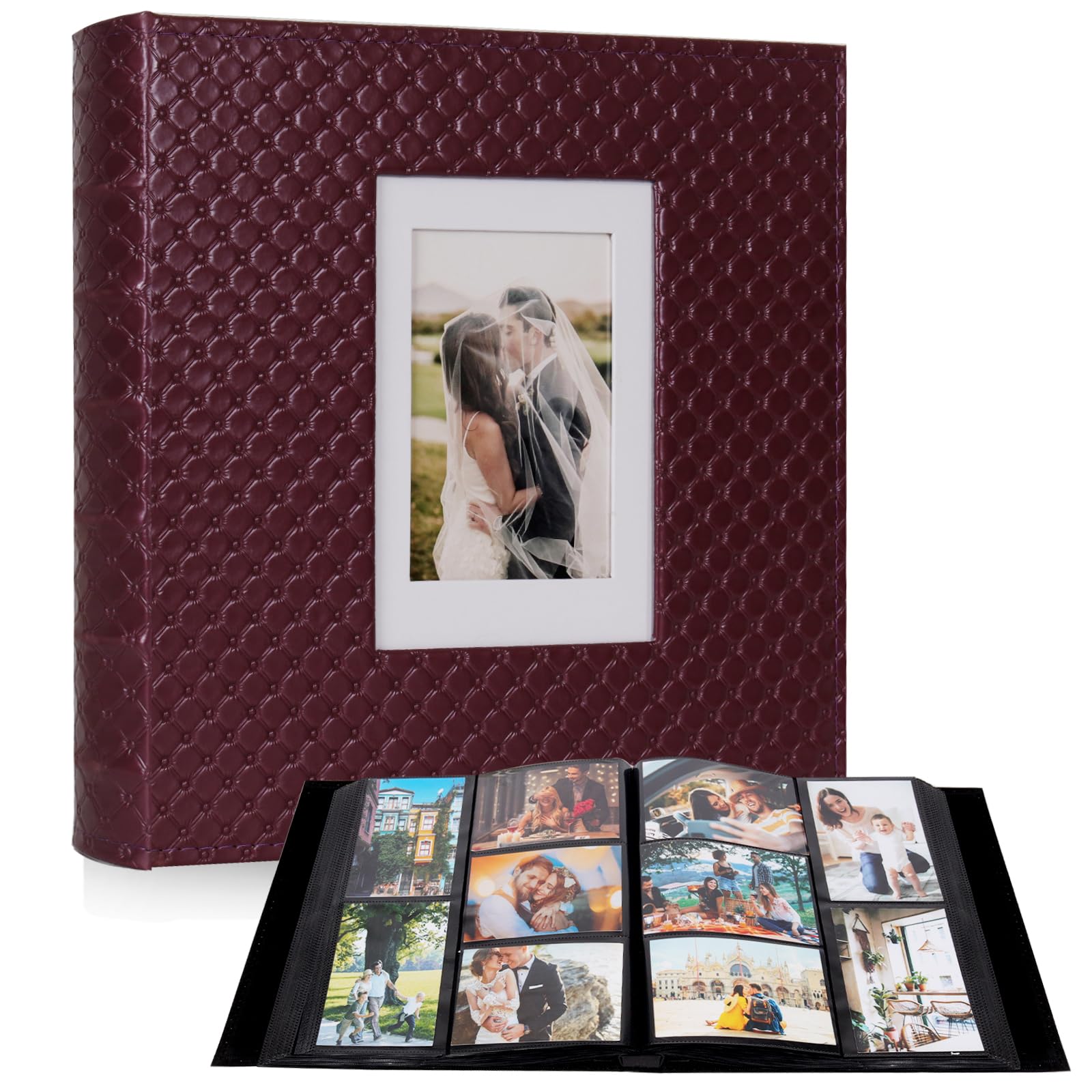 RECUTMS Photo Album 6x4 600 Photos Black Inner Page Button Grain Leather Big Capacity Pockets Pictures Album Birthday Christmas Photo Albums Wedding Anniversary (Red Wine)