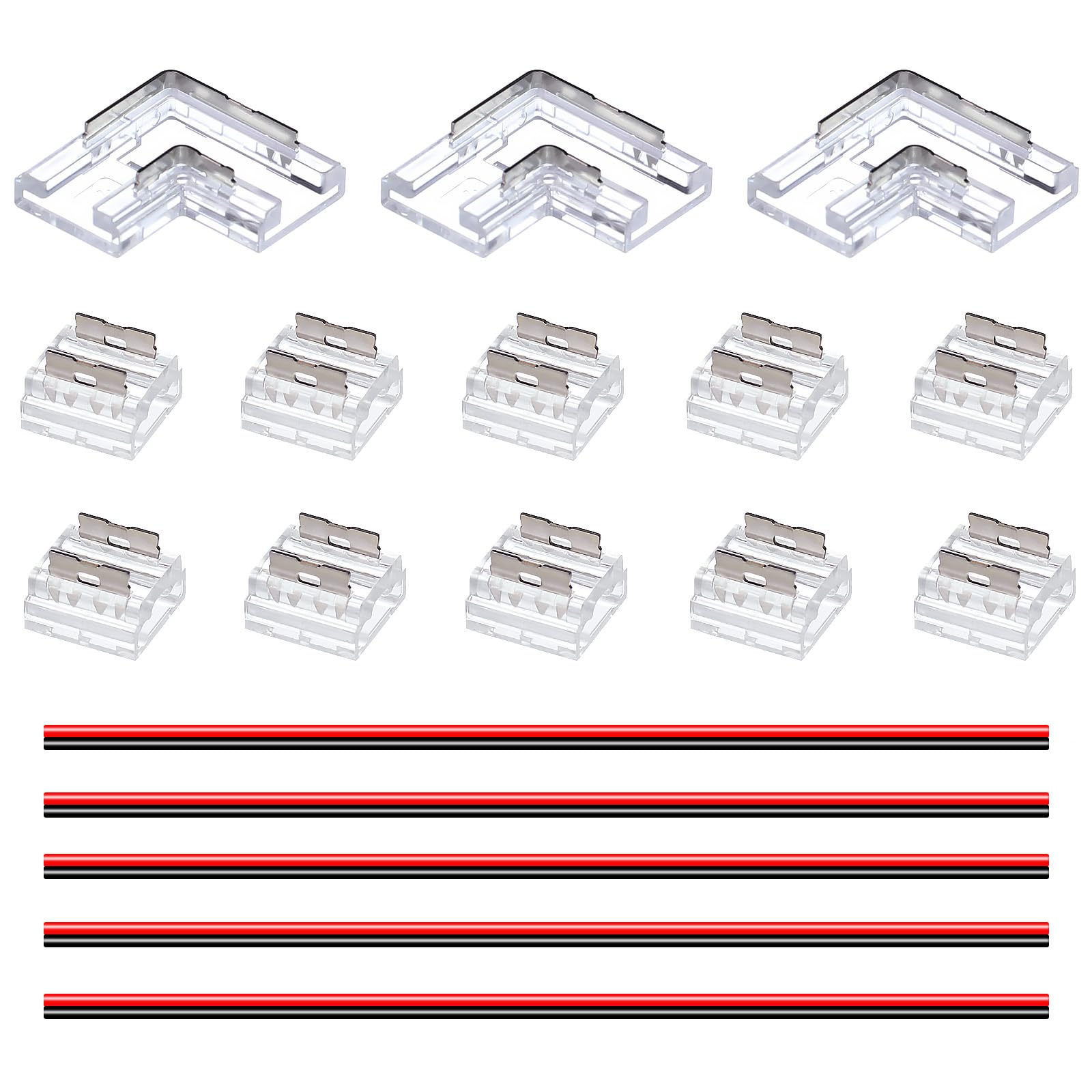 GOMING 2Pin 8mm Board Width COB LED Strip Lights Connector Kit 10 Transparent Gapless Connectors 3 L-Shaped/Corner Gapless Connectors 5 Extension Wires 5.9in/15cm for 2Pin 8mm COB LED Strip — image 1