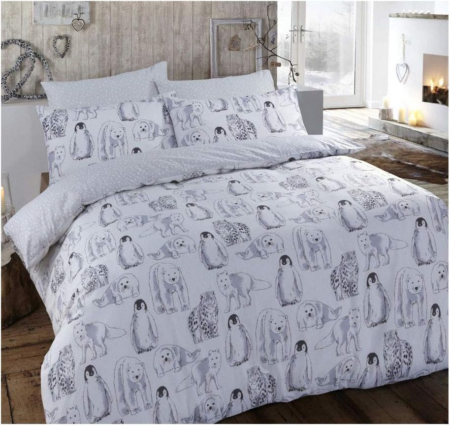Flannelette Complete Set with Duvet Cover Pillowcase Fitted Sheet New Soft Warm Bedding (Winter Animals, King Complete Set)