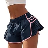 Fisoew Womens Workout Gym Shorts Running Pleated Contrast Stitch Elastic Waist Athletic Quick Dry Shorts