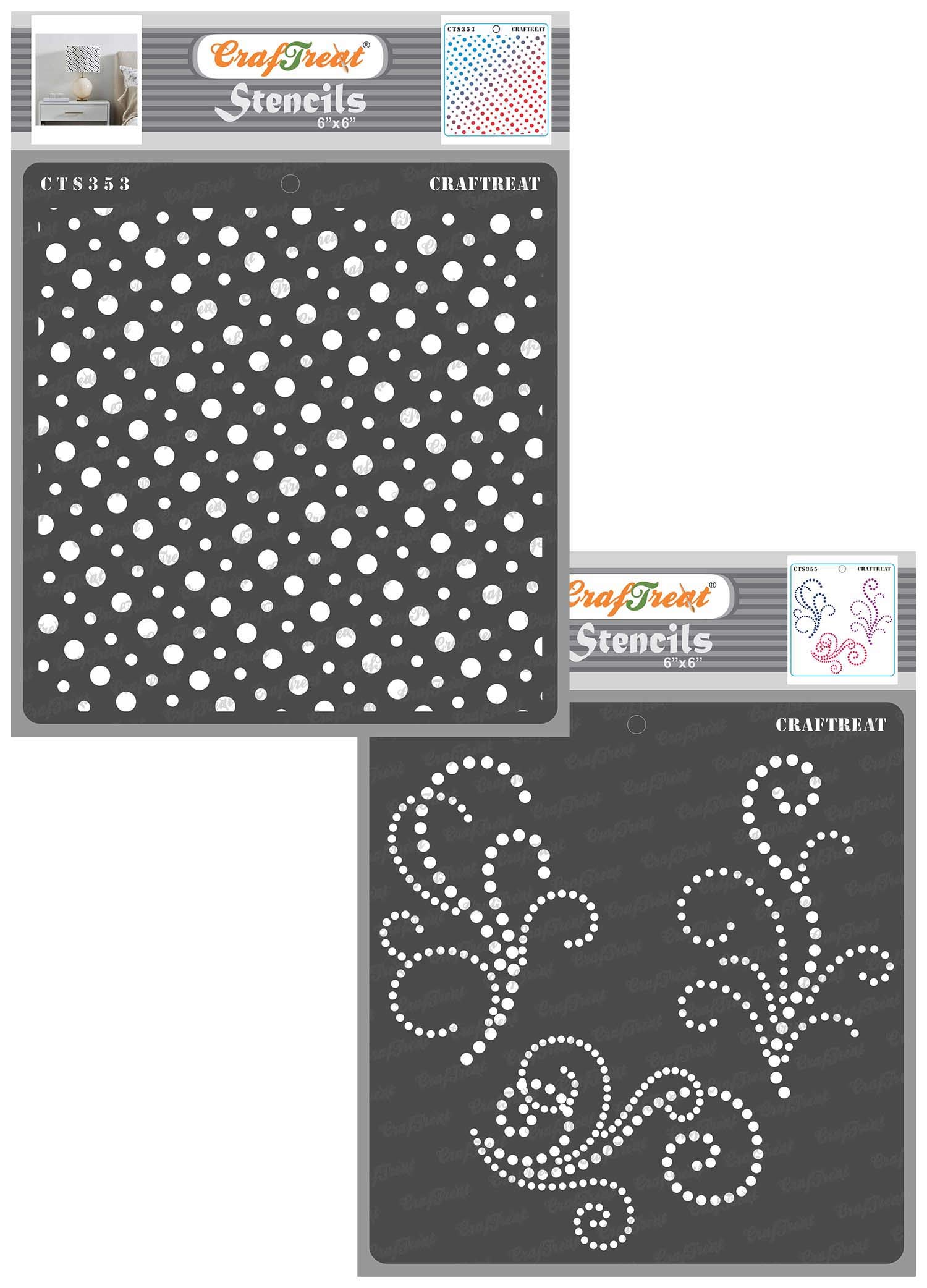 CrafTreat Reusable Dot Stencil for Painting on Wood, Canvas, Paper, Fabric, Floor, Wall and Tile - Slanting Dots and Beaded Flourish (2 Pcs) -6x6 Inch Each - Polka Dot Stencil Template